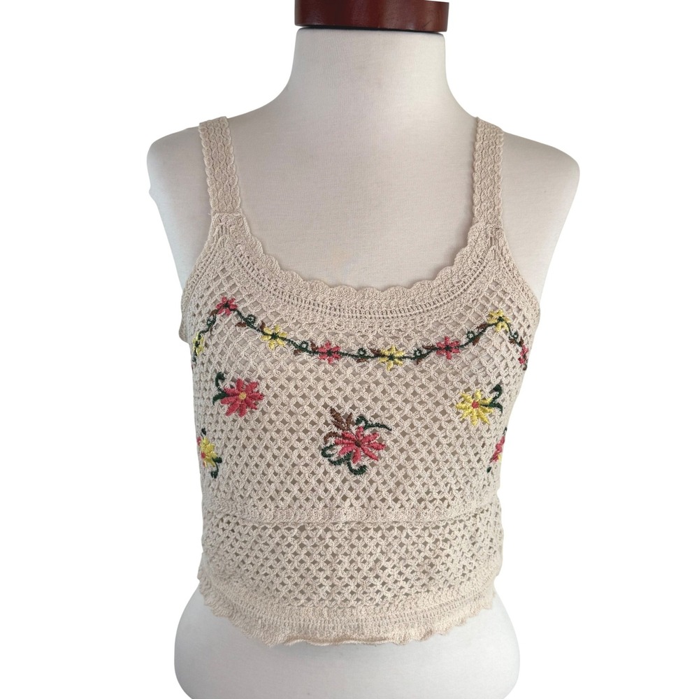 Rebellion Again 100% Cotton Crochet Tank Top‎ Beige Floral Embroidered Small